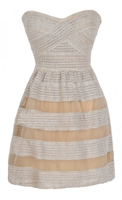 Dolled Up Textured Strapless Dress in Beige